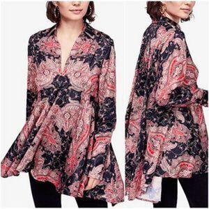 FREE PEOPLE FIELD OF BUTTERFLIES BABYDOLL TUNIC TOP BOHO PAISLEY OVERSIZED SMALL